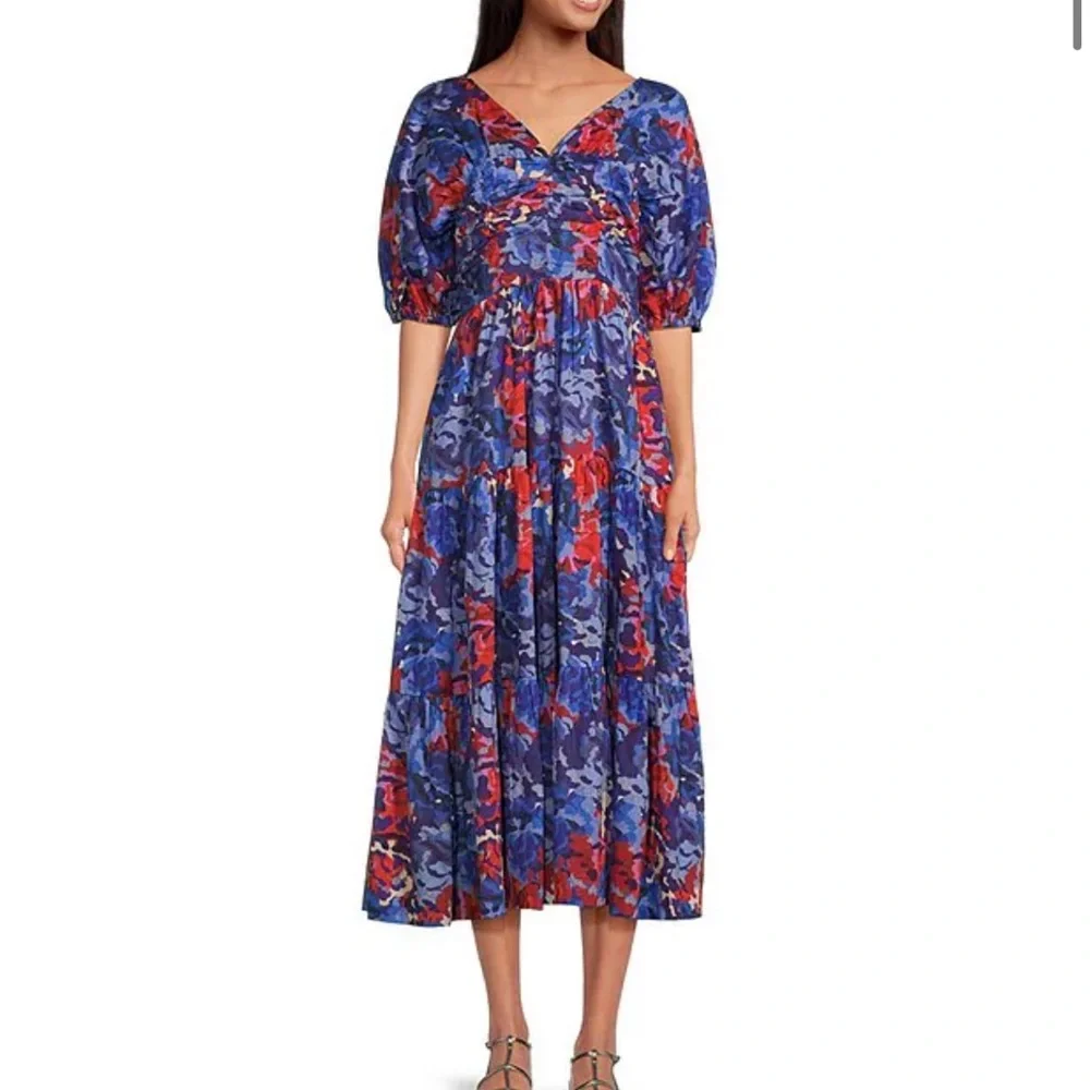 NWT Ro's Garden 100% Cotton Blue Red Floral Puff Sleeve Nieves Maxi Dress Small